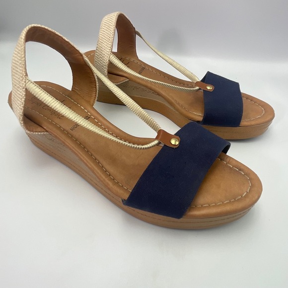 Malu Super Comfort‎ Wedge Sandals Navy Blue & Tan Open Toe Women's Size 9 - Picture 1 of 8